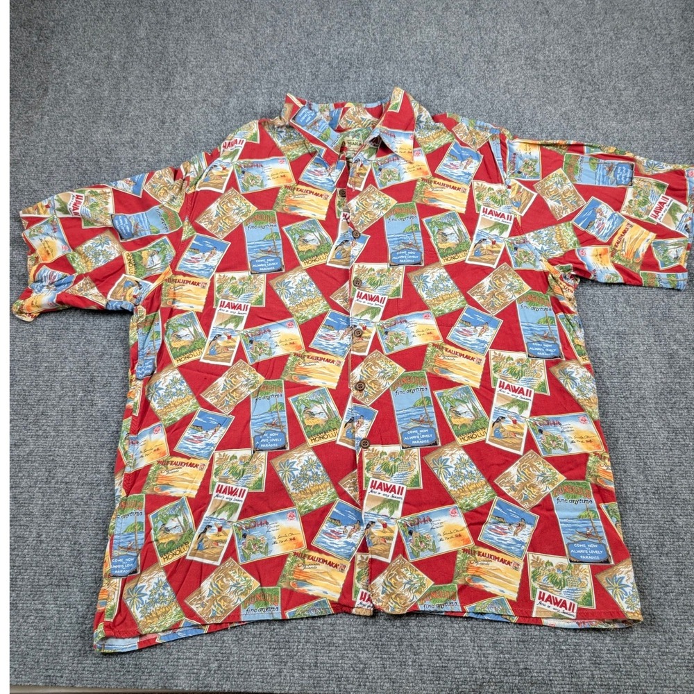 Reyn Spooner Mele Kalikimaka Christmas Postcard Hawaiian Shirt Mens XL Red Rayon